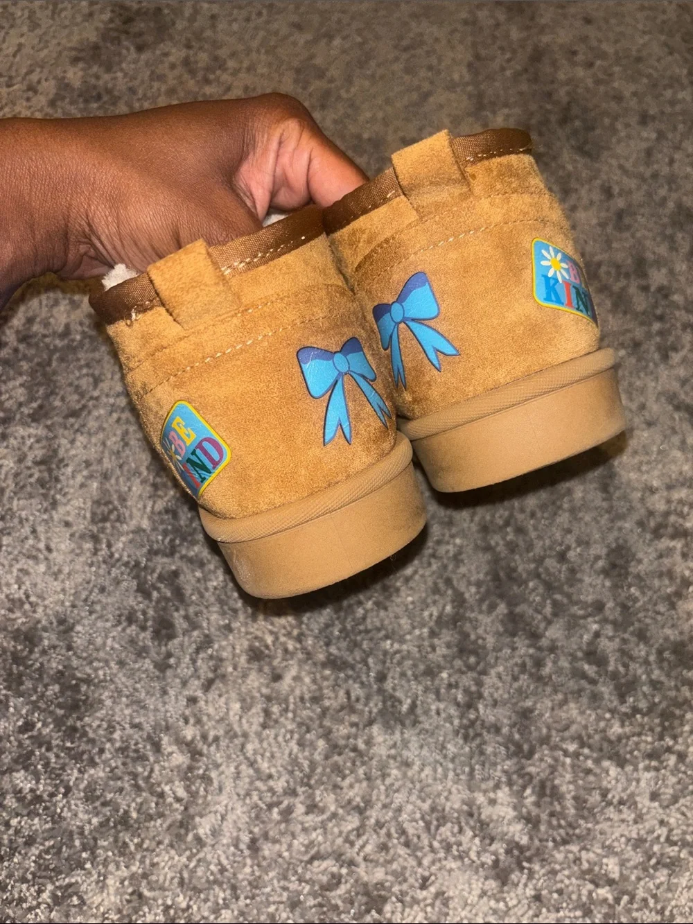 Steve Madden Kids Tan Faux-Shearling Slip-On Boots with Pink & Red Patches